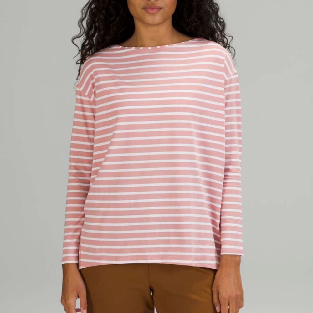 Lululemon Back In Action Long Sleeve Shirt Yachtie Stripe Pink Pastel White Sz 4